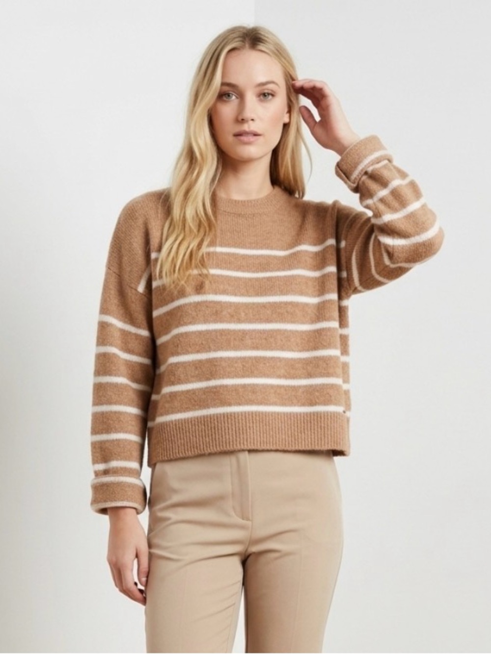 Camel and Cream Striped Crewneck Sweater
